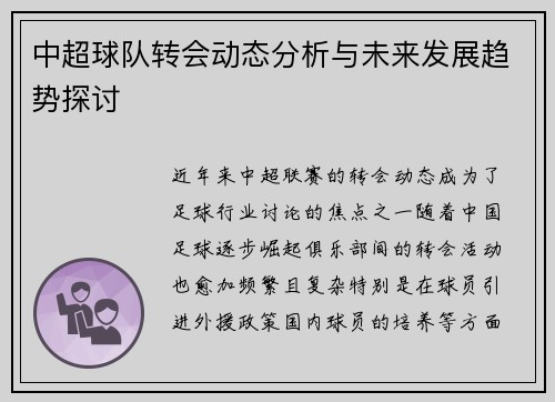 中超球队转会动态分析与未来发展趋势探讨