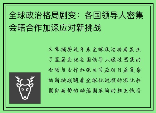 全球政治格局剧变：各国领导人密集会晤合作加深应对新挑战