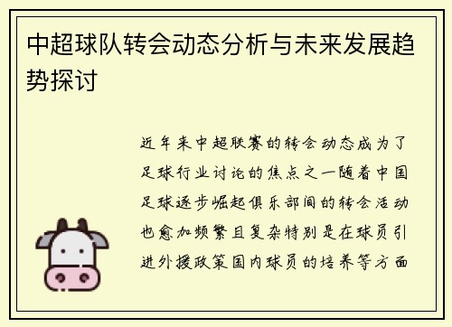 中超球队转会动态分析与未来发展趋势探讨