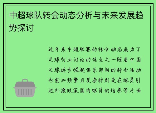 中超球队转会动态分析与未来发展趋势探讨