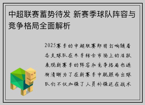中超联赛蓄势待发 新赛季球队阵容与竞争格局全面解析